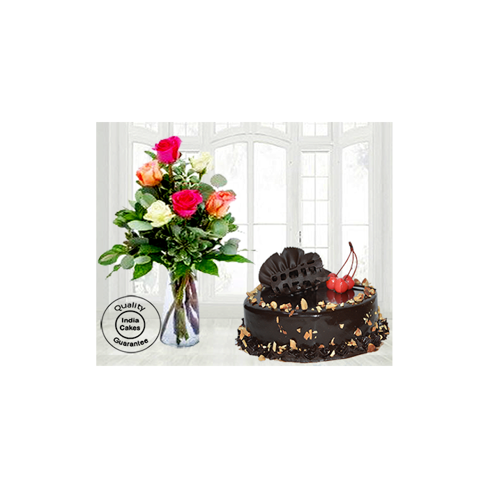 Choco Almond Cake Half Kg with 6 Mix Roses Choco Almond Cake Half Kg with 6 Mix Roses