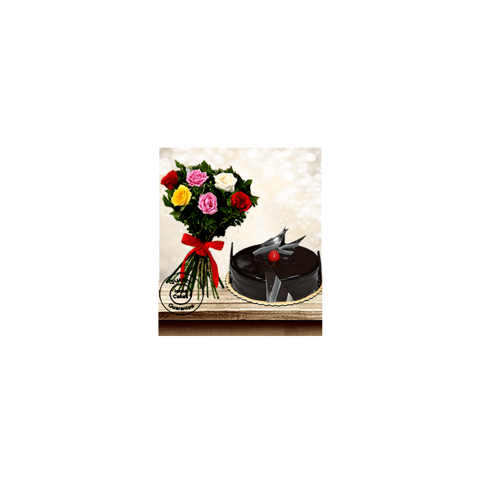 Eggless Chocolate Truffle Cake Half Kg with 6 Mix Roses Bunch Eggless Chocolate Truffle Cake Half Kg with 6 Mix Roses Bunch