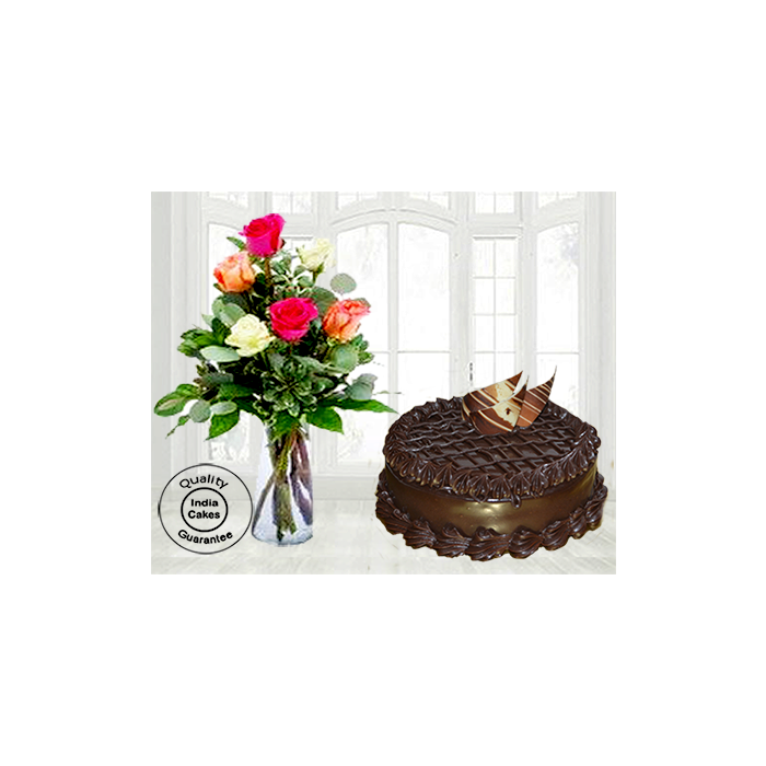 Chocolate Truffle Torte Cake with 6 Mix Roses Chocolate Truffle Torte Cake with 6 Mix Roses