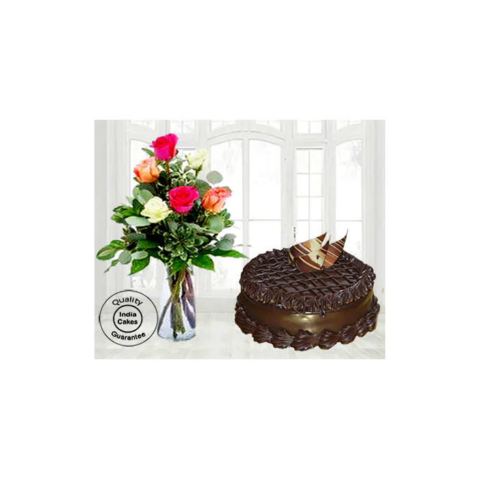 Chocolate Truffle Torte Cake with 6 Mix Roses Chocolate Truffle Torte Cake with 6 Mix Roses