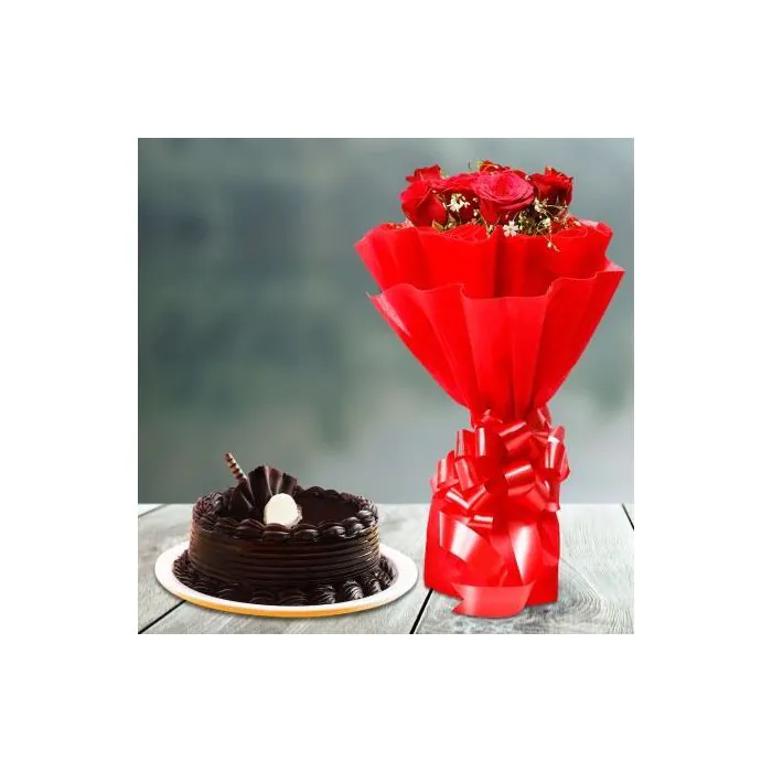 Chocolate Cake with Classy 8 Red Roses Bunch