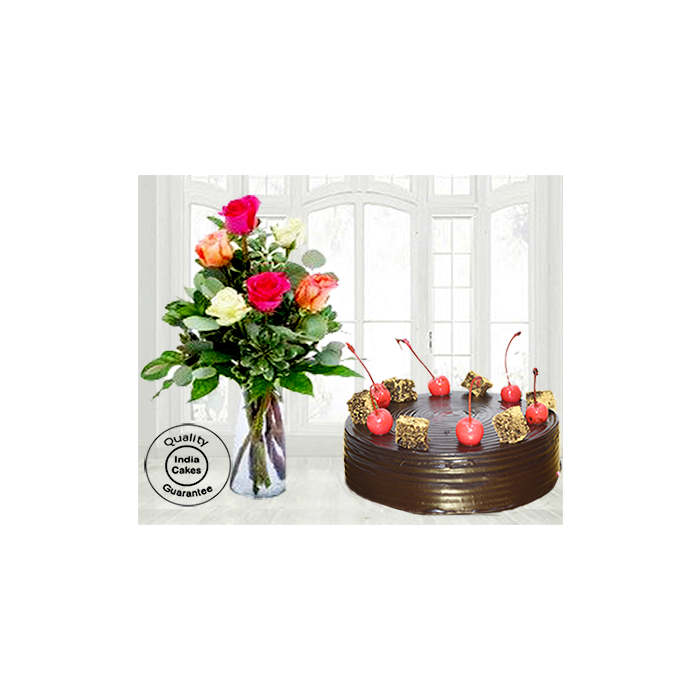 Chocolate Cherry Top Truffle Cake with 6 Mix Roses