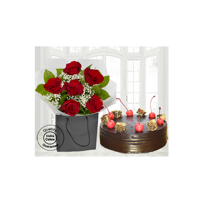 Chocolate Cherry Top Truffle Cake with 6 Red Roses Chocolate Cherry Top Truffle Cake with 6 Red Roses