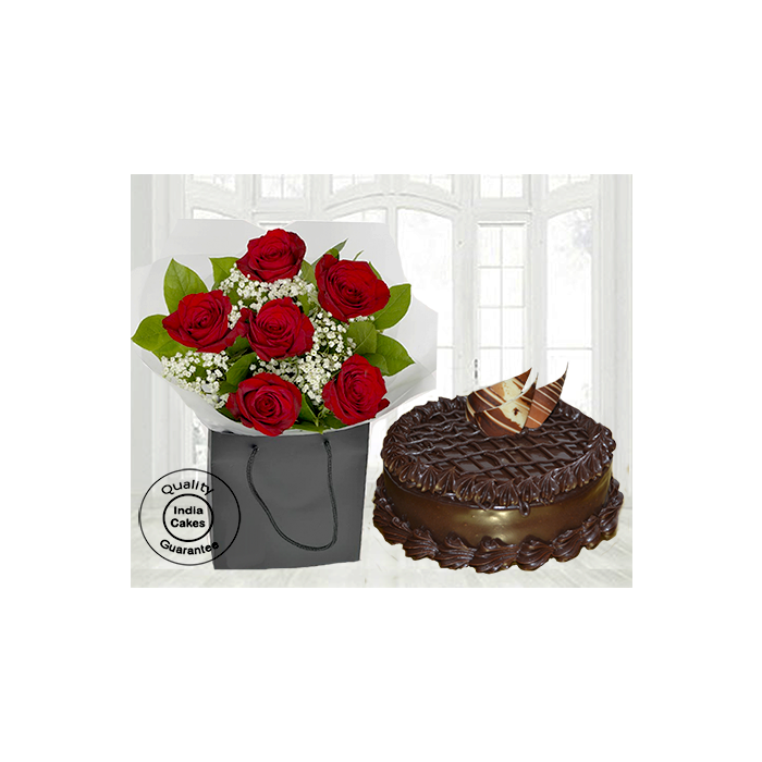 Chocolate Truffle Torte Cake with 6 Red Roses Chocolate Truffle Torte Cake with 6 Red Roses