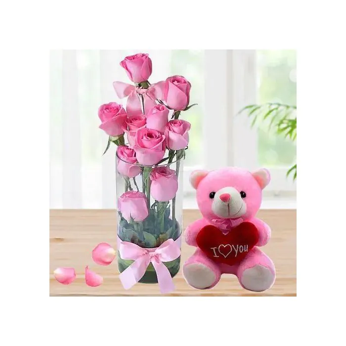 Classic 10 Pink Roses with a Cute Teddy