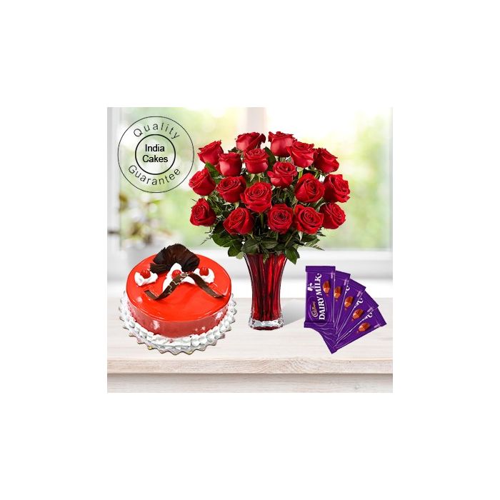 1 Kg Strawberry Cake-6 Red Roses Bunch-5 Chocolates 1 Kg Strawberry Cake-6 Red Roses Bunch-5 Chocolates