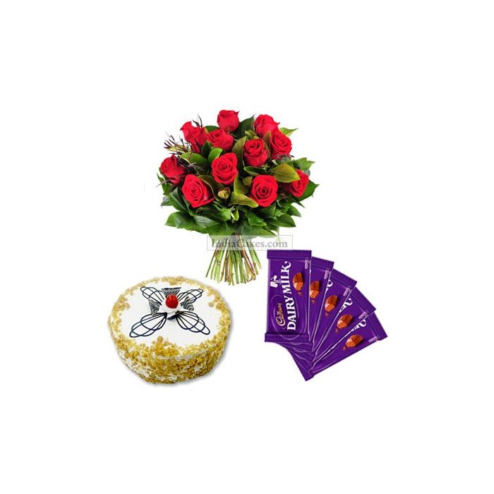 Eggless Butterscotch Cake Half Kg with 6 Red Roses Bunch and 5 Chocolates Eggless Butterscotch Cake Half Kg with 6 Red Roses Bunch and 5 Chocolates