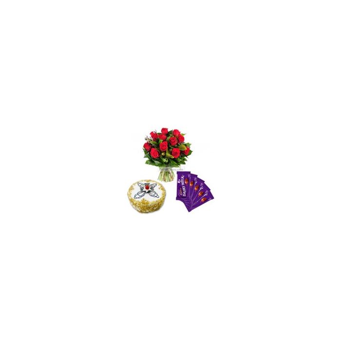 Eggless Butterscrotch Cake 1 Kg with 6 Red Roses Bunch and 5 Chocolates Eggless Butterscrotch Cake 1 Kg with 6 Red Roses Bunch and 5 Chocolates