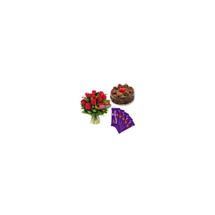 Eggless Chocolate Truffle Cake 1 Kg with 6 Red Roses Bunch and 5 Chocolates Eggless Chocolate Truffle Cake 1 Kg with 6 Red Roses Bunch and 5 Chocolates