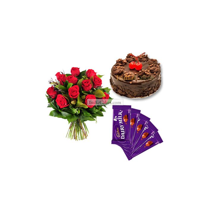 1 Kg Chocolate Truffle Cake-6 Red Roses Bunch-5 Chocolates
