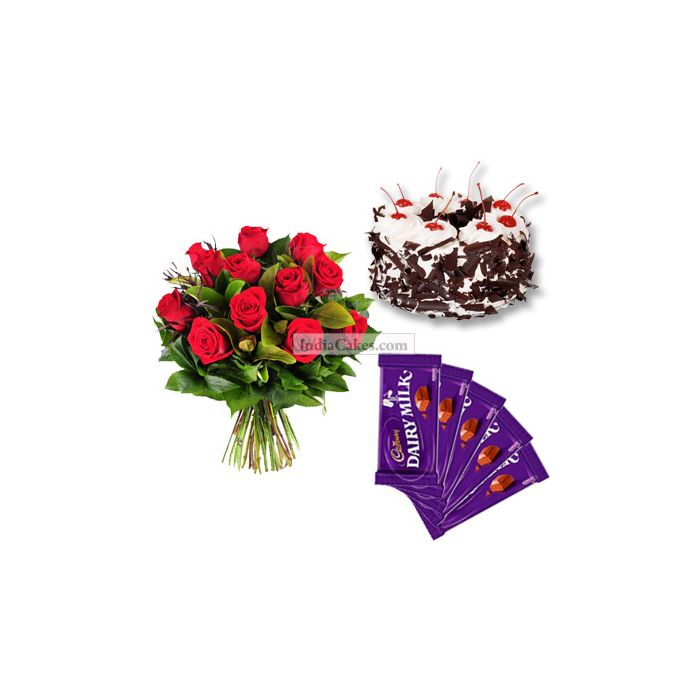 Half Kg Black Forest Cake-6 Red Roses Bunch-5 Chocolates Half Kg Black Forest Cake-6 Red Roses Bunch-5 Chocolates