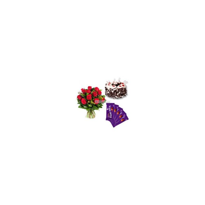 Eggless Black Forest Cake 1 Kg with 6 Red Roses Bunch and 5 Chocolates Eggless Black Forest Cake 1 Kg with 6 Red Roses Bunch and 5 Chocolates