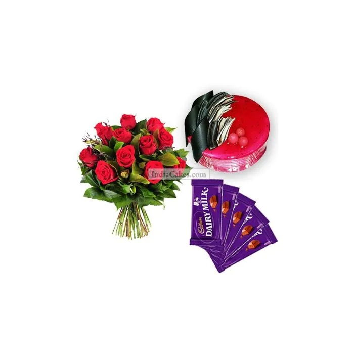 Eggless Strawberry Cake Half Kg with 6 Red Roses Bunch and 5 Chocolates
