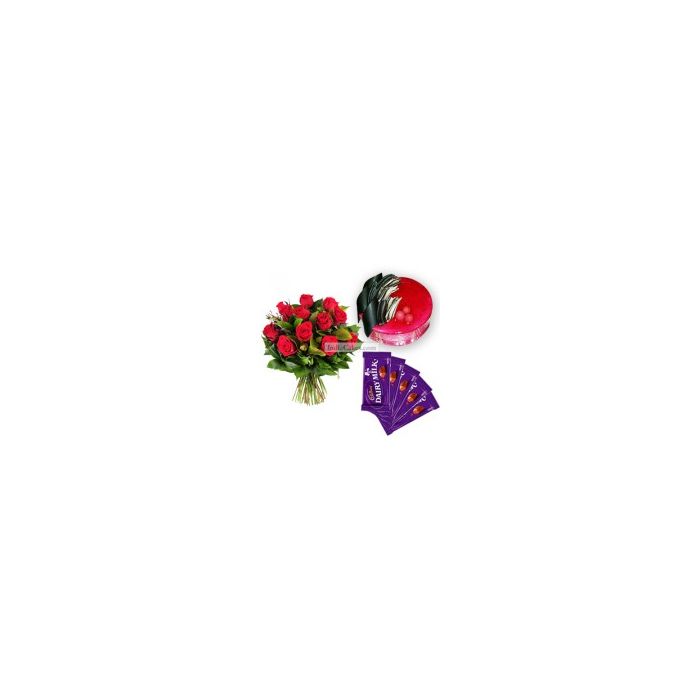 Eggless Strawberry Cake 1 Kg with 6 Red Roses Bunch and 5 Chocolates Eggless Strawberry Cake 1 Kg with 6 Red Roses Bunch and 5 Chocolates