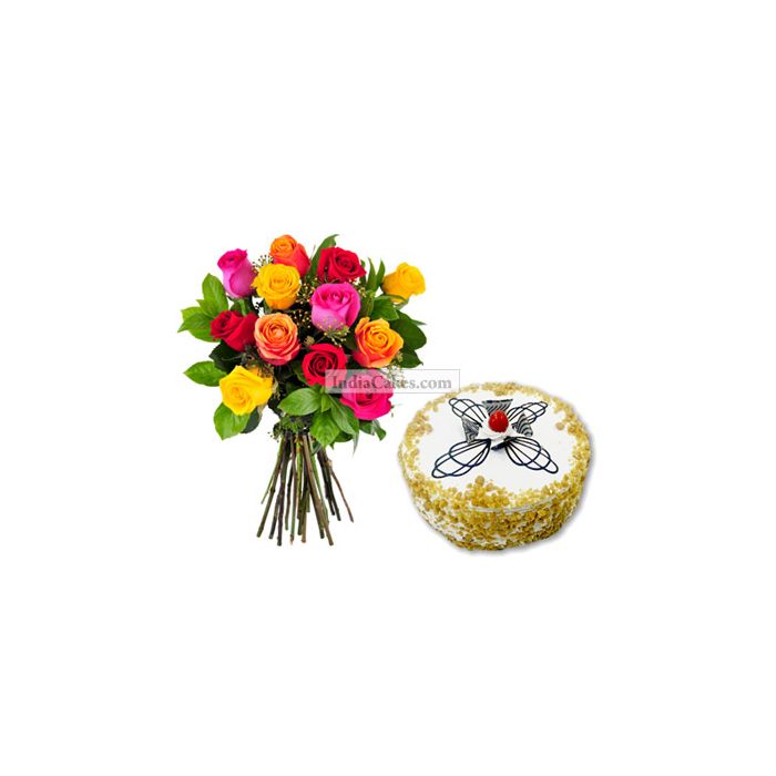 Eggless Butterscotch Cake 1 Kg with 12 Mix Roses Bunch Eggless Butterscotch Cake 1 Kg with 12 Mix Roses Bunch