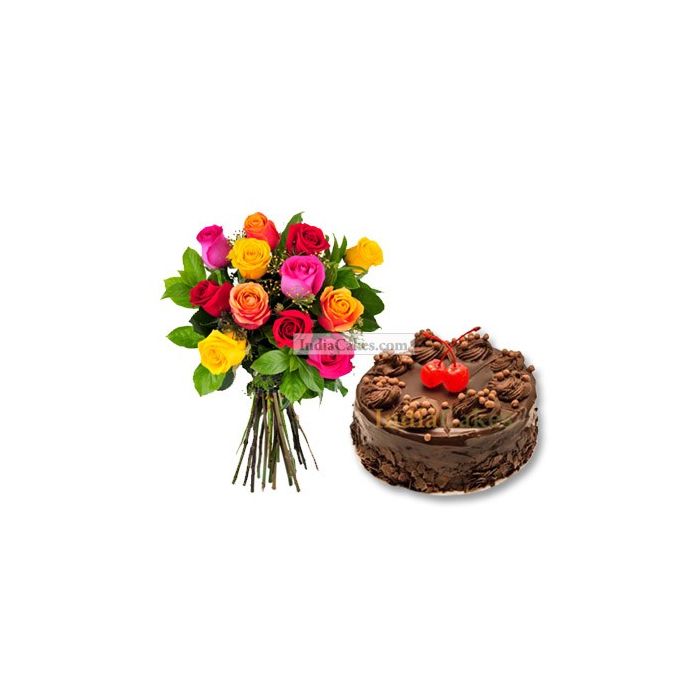 Chocolate Truffle Cake 1 Kg with 6 Mix Roses Bunch Chocolate Truffle Cake 1 Kg with 6 Mix Roses Bunch