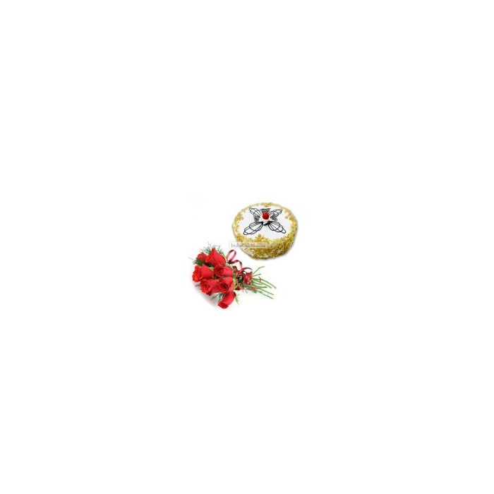 Butterscotch Cake Half Kg with 6 Red Roses Bunch