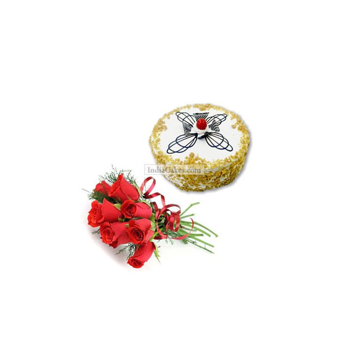 1 Kg Butter Scotch Cake with 6 Red Roses Bunch 1 Kg Butter Scotch Cake with 6 Red Roses Bunch