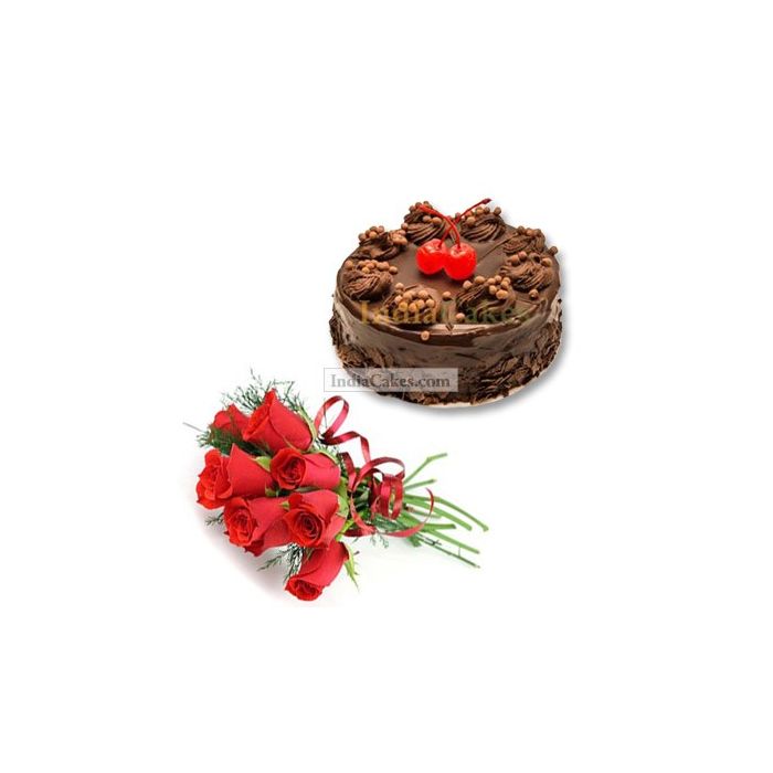 Chocolate Truffle Cake 1 Kg with 6 Red Roses Bunch Chocolate Truffle Cake 1 Kg with 6 Red Roses Bunch