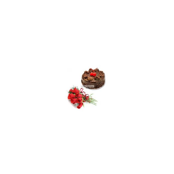 Eggless Chocolate Truffle Cake Half Kg with 6 Red Roses Bunch Eggless Chocolate Truffle Cake Half Kg with 6 Red Roses Bunch