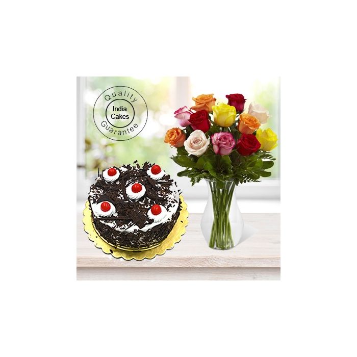 Eggless Black Forest Cake 1 Kg with 12 Mix Roses Bunch Eggless Black Forest Cake 1 Kg with 12 Mix Roses Bunch