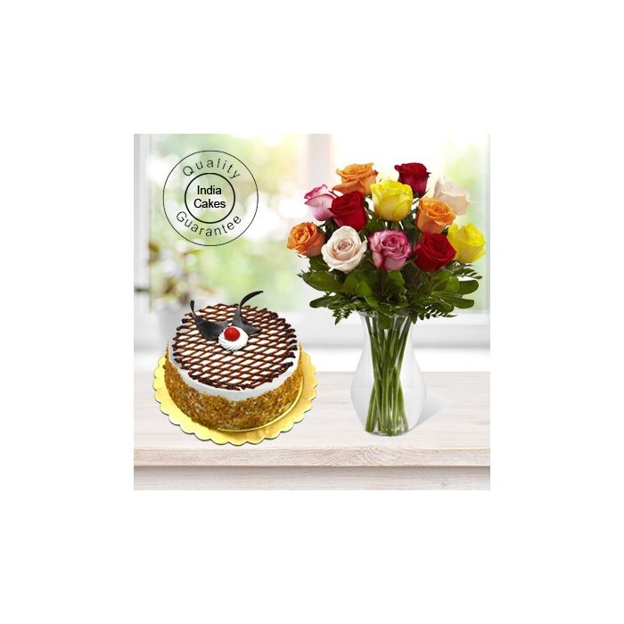 Eggless Butterscotch Cake Half Kg with 6 Mix Roses Bunch Eggless Butterscotch Cake Half Kg with 6 Mix Roses Bunch