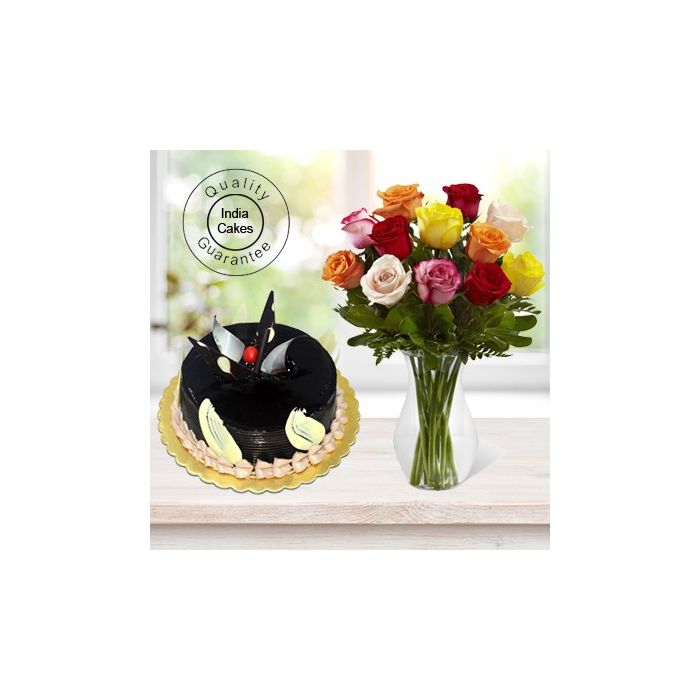 Eggless Chocolate Truffle Cake 1 Kg with 12 Mix Roses Bunch