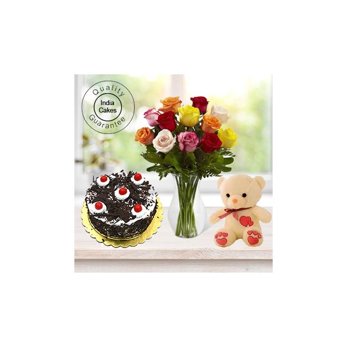 Eggless Black Forest Cake 1 Kg with 6 Mix Roses Bunch and a Teddy Bear Eggless Black Forest Cake 1 Kg with 6 Mix Roses Bunch and a Teddy Bear