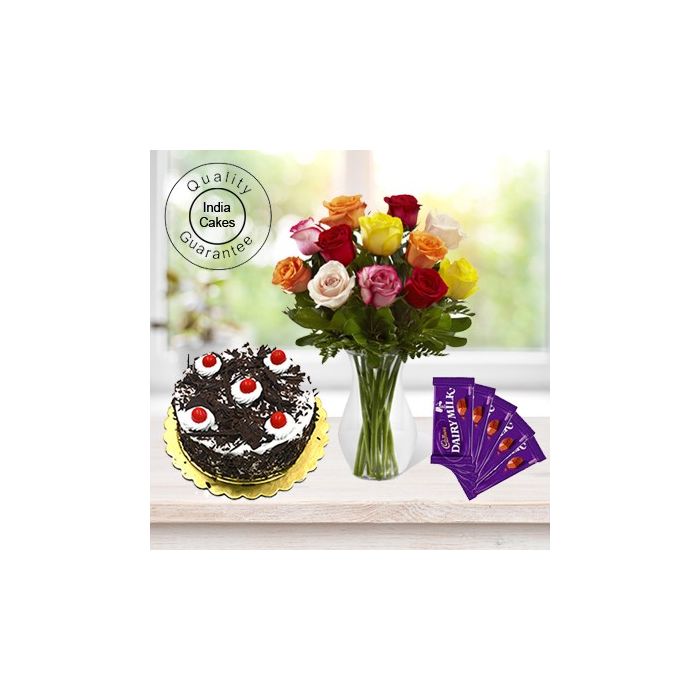 Eggless Black Forest Cake 1.5 Kg with 6 Mix Roses Bunch and 5 Chocolates Eggless Black Forest Cake 1.5 Kg with 6 Mix Roses Bunch and 5 Chocolates