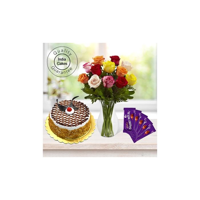 1 Kg Butter Scotch Cake-6 Mix Roses Bunch-5 Chocolates 1 Kg Butter Scotch Cake-6 Mix Roses Bunch-5 Chocolates