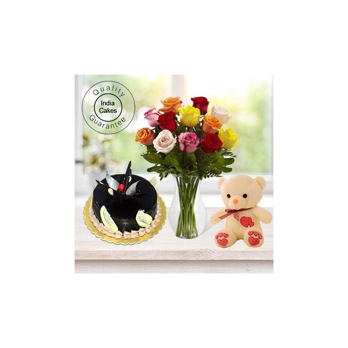 Eggless Chocolate Truffle Cake 1 Kg with 6 Mix Roses Bunch and a Teddy Bear Eggless Chocolate Truffle Cake 1 Kg with 6 Mix Roses Bunch and a Teddy Bear