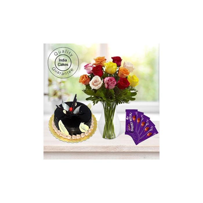 Eggless Chocolate Truffle Cake 1 Kg with 6 Mix Roses Bunch and 5 Chocolates Eggless Chocolate Truffle Cake 1 Kg with 6 Mix Roses Bunch and 5 Chocolates