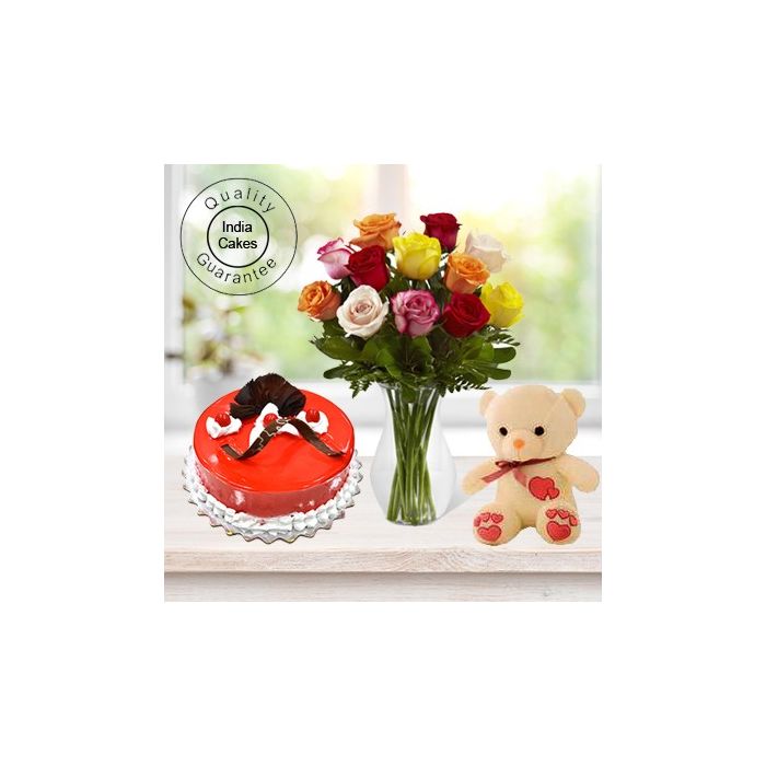 Eggless Strawberry Cake 1 Kg with 6 Mix Roses Bunch and a Teddy Bear Eggless Strawberry Cake 1 Kg with 6 Mix Roses Bunch and a Teddy Bear