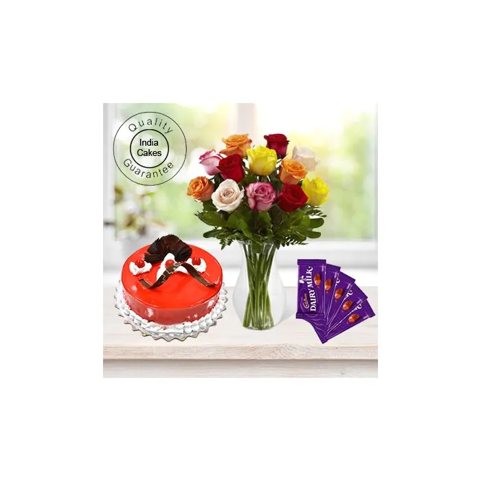 Half Kg Strawberry Cake-6 Mix Roses Bunch-5 Chocolates