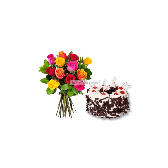 Half Kg Black Forest Cake with 6 Mix Roses Bunch Half Kg Black Forest Cake with 6 Mix Roses Bunch