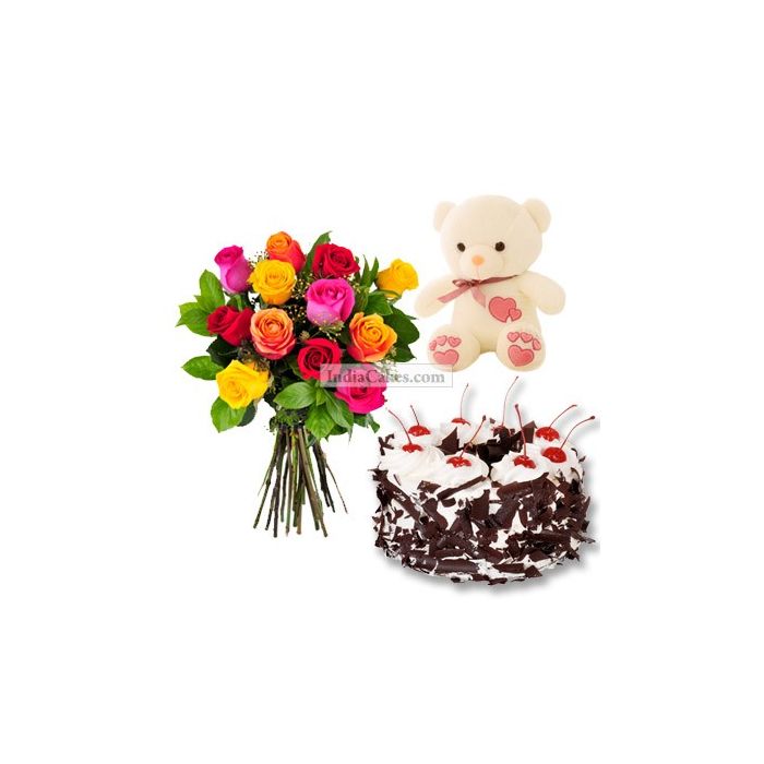 Eggless Black Forest Cake Half Kg with 6 Mix Roses Bunch and a Teddy Bear