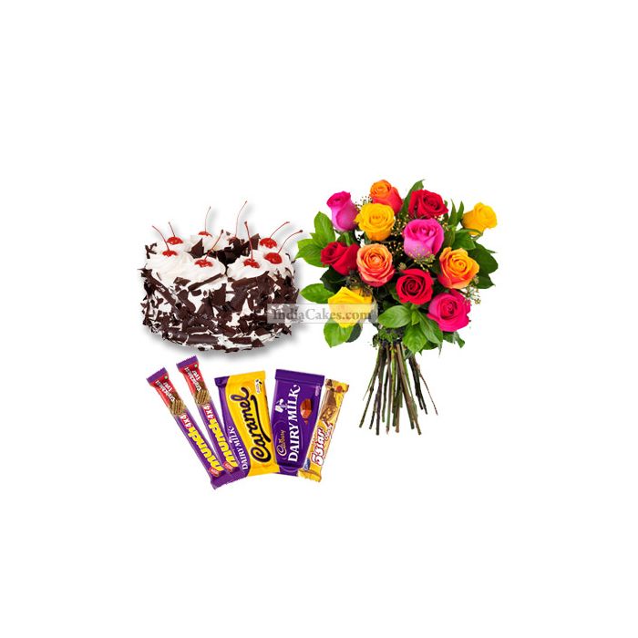 1 Kg Black Forest Cake-6 Mix Roses Bunch-5 Chocolates 1 Kg Black Forest Cake-6 Mix Roses Bunch-5 Chocolates