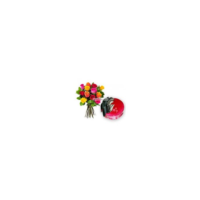 Eggless Strawberry Cake Half Kg with 12 Mix Roses Bunch