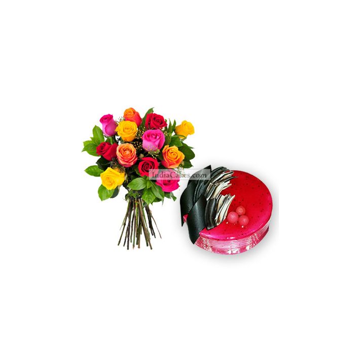 Eggless Strawberry Cake 1 Kg with 12 Mix Roses Bunch