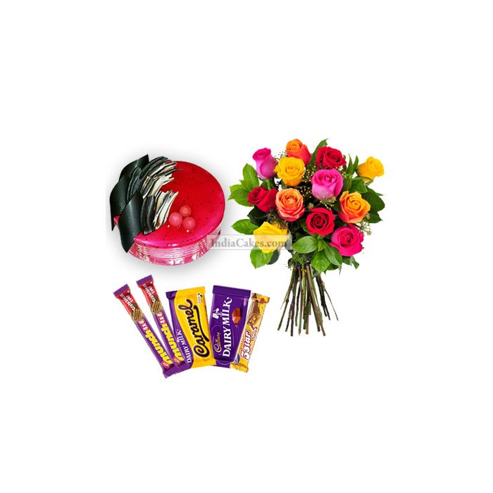 Half Kg Strawberry Cake-6 Mix Roses Bunch-5 Chocolates Half Kg Strawberry Cake-6 Mix Roses Bunch-5 Chocolates