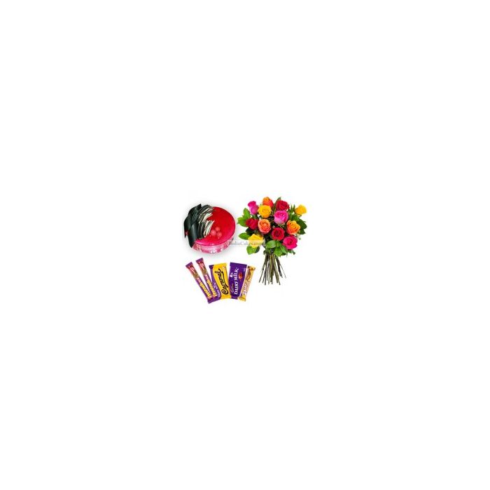 Eggless Strawberry Cake 1 Kg with 6 Mix Roses Bunch and 5 Chocolates Eggless Strawberry Cake 1 Kg with 6 Mix Roses Bunch and 5 Chocolates