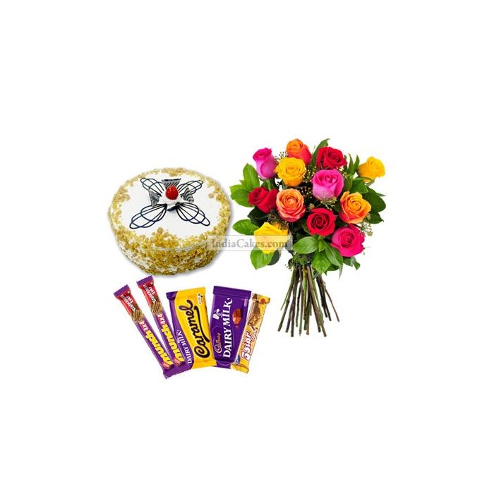 Eggless Butterscotch Cake Half Kg with 6 Mix Roses Bunch and 5 Chocolates Eggless Butterscotch Cake Half Kg with 6 Mix Roses Bunch and 5 Chocolates