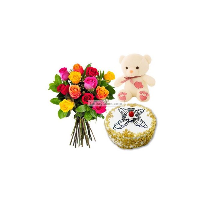 Half Kg Butter Scotch Cake-6 Mix Roses Bunch-Teddy Bear Half Kg Butter Scotch Cake-6 Mix Roses Bunch-Teddy Bear