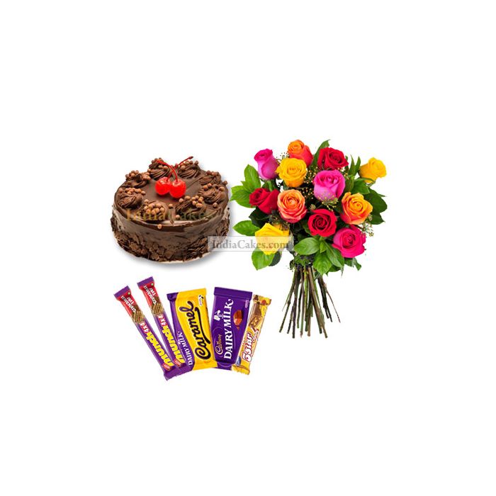 1 Kg Chocolate Truffle Cake-6 Mix Roses Bunch-5 Chocolates 1 Kg Chocolate Truffle Cake-6 Mix Roses Bunch-5 Chocolates