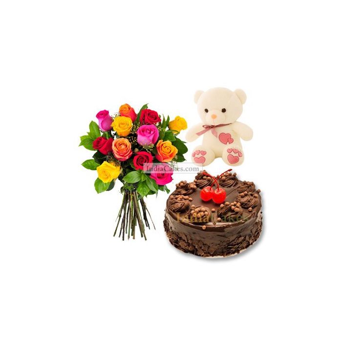 Half Kg Chocolate Truffle Cake-6 Mix Roses Bunch-Teddy Bear Half Kg Chocolate Truffle Cake-6 Mix Roses Bunch-Teddy Bear
