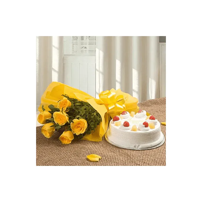 Combo of 6 Yellow Roses Bouquet and Half Kg Pineapple Cake Combo of 6 Yellow Roses Bouquet and Half Kg Pineapple Cake