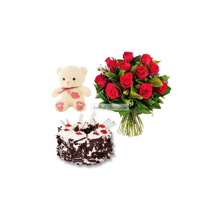 Eggless Black Forest Cake 1 Kg with 6 Red Roses Bunch and a Teddy Bear Eggless Black Forest Cake 1 Kg with 6 Red Roses Bunch and a Teddy Bear