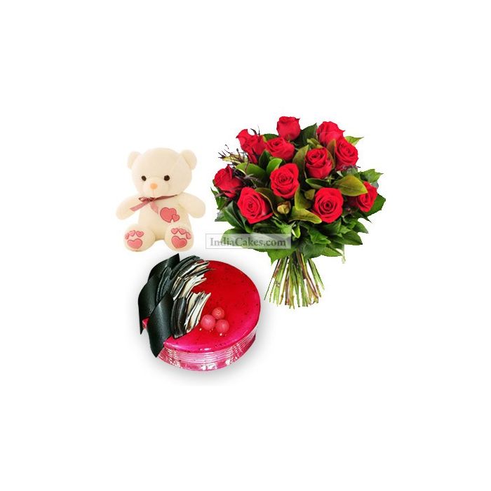 1 Kg Strawberry Cake-6 Red Roses Bunch-Teddy Bear