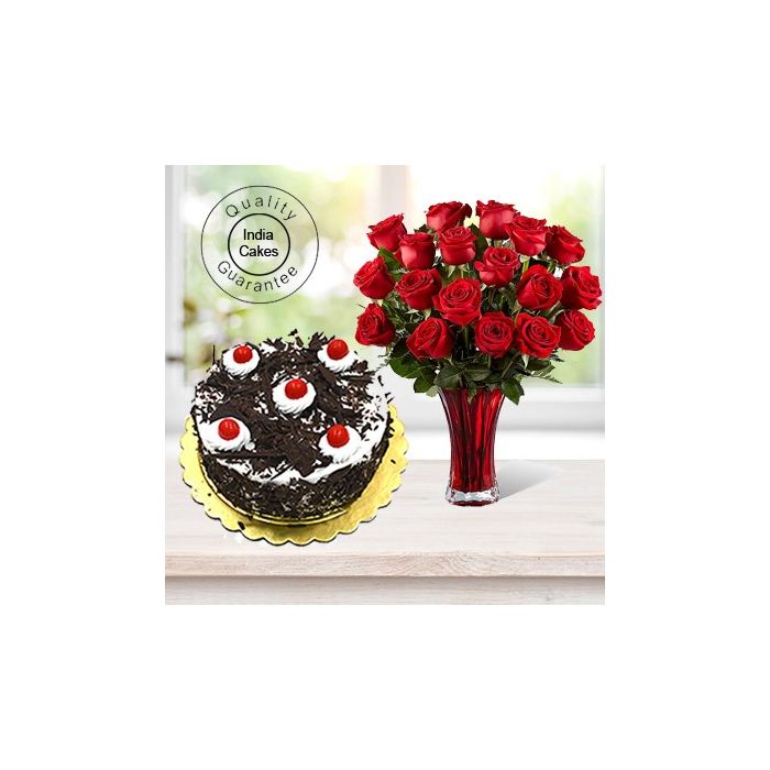Eggless Black Forest Cake 1 Kg with 6 Red Roses Bunch Eggless Black Forest Cake 1 Kg with 6 Red Roses Bunch
