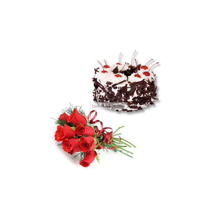 1.5 Kg Eggless Black Forest with 12 Red Roses Bunch 1.5 Kg Eggless Black Forest with 12 Red Roses Bunch